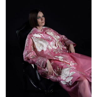 23珍藏级粉色中式风立领侧扣重工刺绣真丝欧根纱外套T2307216