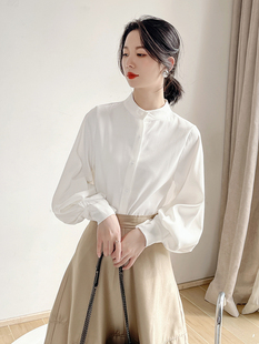 早春法式泡泡袖白色衬衫，女设计感小众立领，长袖复古气质高级感上衣