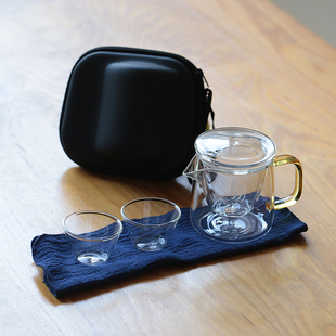 耐高温玻璃旅行茶具套装便携式包户外(包户外)一壶二杯茶水分离快客杯茶壶