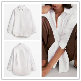 西班牙单  2024夏季新宽松版型府绸白色时尚长袖衬衫弧形上衣