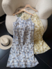 中式复古印花雪纺吊带裙V领宽松A字蓝色连衣裙时时尚休闲洋气