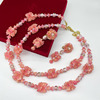青岛中古vintage淡粉色琉璃花朵手工串珠优雅复古项链耳夹套装