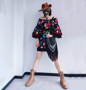 泰国民族风纯棉刺绣喇叭袖，修身一字领包臀连衣裙旅拍露肩短裙