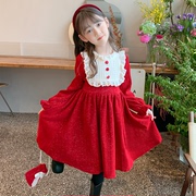 女童冬装公主裙2024洋气秋冬裙子儿童女孩红色连衣裙加绒冬季
