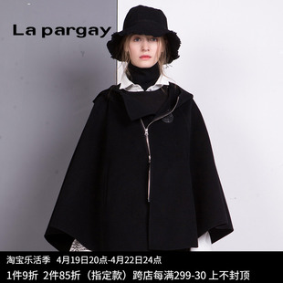 Lapargay纳帕佳2023女装秋冬季黑色短款斗篷毛呢外套休闲大衣