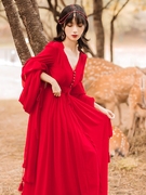 超仙草原沙漠度假旅拍雪纺，连衣裙红色飘逸大摆长裙异域风拍照衣服