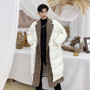 冬季韩国帅气过膝棉衣男宽松个性，假两件加厚格子大衣外套潮牌棉服