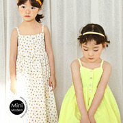 韩国进口春夏纯棉女童舒适花朵，柠檬黄吊带公主裙唯美长款连衣裙