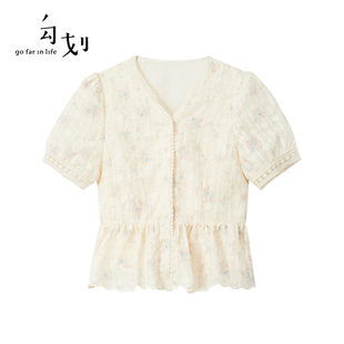 gofar勾划碎花短袖雪纺衫女夏季设计感法式复古上衣小衫38123