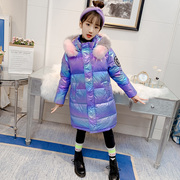 韩版小女孩大毛领贴标袖棉衣秋冬装洋气女童炫彩亮皮保暖外套