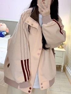 外套女春秋款2024美式复古独特超好看宽松拼接设计感粉色立领夹克