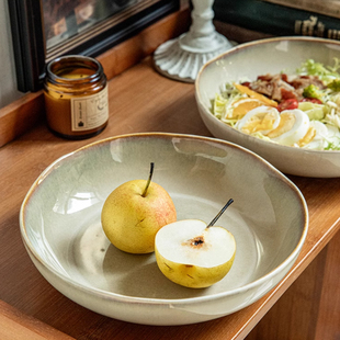 个性创意黄色窑变复古8.5英寸陶瓷深盘不规则菜碗沙拉碗面碗大碗