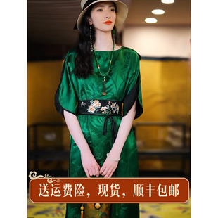 送腰封 复古日记小江南春桑蚕丝新中式女绿色连衣裙真丝国风女装