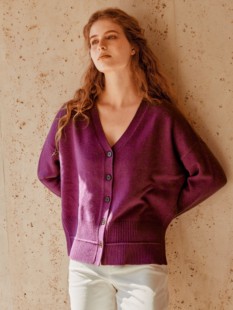 法式复古小众设计感针织开衫静谧雾花紫色羊毛V领罗纹开衫外套女