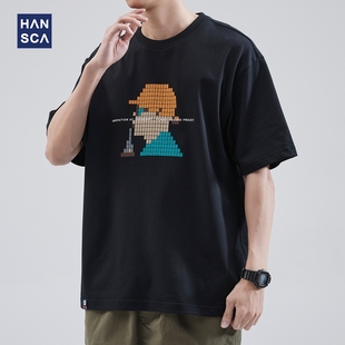 hansca美式复古小众像素点，印花短袖t恤男潮牌夏季黑色休闲体恤衫