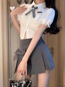 辣妹衬衫蝴蝶结开叉a字短裙两件套女Women shirt short skirt set