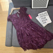 外贸女装夏季紫色蕾丝镂空工艺，v领中长款连衣裙后背开叉时尚a字裙