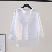 立领白色衬衫女宽松休闲衬衣，2024春夏韩版文艺，范前短后长上衣潮