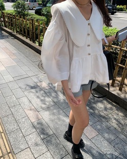 白色泡泡袖衬衫女2023春夏法式复古宫廷娃娃，领小个子宽松上衣
