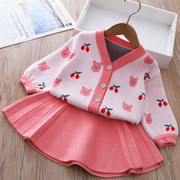 女童毛衣裙(毛衣裙)春秋款，学院风儿童，针织开衫短裙周岁宝宝红色裙子两件套