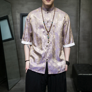 中国风短袖t恤夏季冰丝，半袖唐装衬衫，新中式男装休闲盘扣立领衬衣