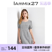iammix27夏季方(夏季方)领连衣裙，女法式复古高腰泡泡，袖黑白格子中长裙子女
