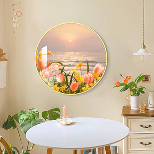 北欧风温馨餐厅装饰画花卉风景圆形挂画小清新客厅沙发背景墙壁画