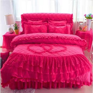 婚庆大红色公主风床单四件套，加厚夹棉床裙蕾丝，花边床罩被套4件套