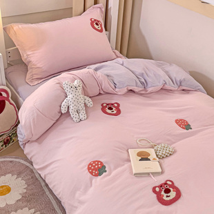草莓熊学生宿舍单人三件套儿童床上四件套床单被套床品非全棉纯棉