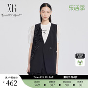 xg雪歌创意装饰设计无袖马甲2024夏季蕾丝，拼接中长马夹外套女