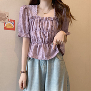 紫色方领短袖t恤女夏季设计感褶皱泡泡袖，上衣遮肚子短款大码体恤