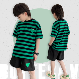 童装VB绿色纯棉粗条纹男童短袖t恤2024年夏季潮时髦儿童半袖
