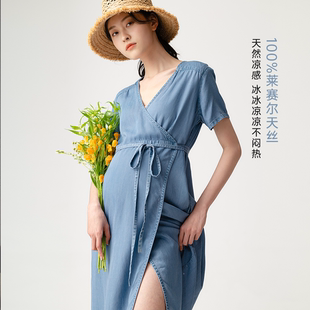 BELLYWEAR孕妇夏装蓝色系带围裹式天丝牛仔连衣裙夏季