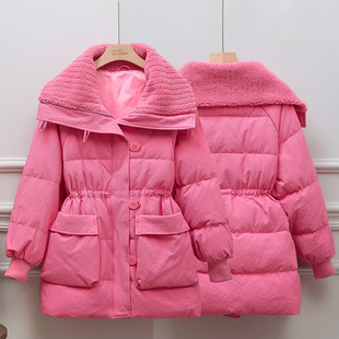 羽绒服女中长款2023反季韩版大翻领设计感可爱白鸭绒粉色收腰外套
