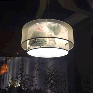 简约羊皮手绘荷花灯餐厅圆形吊灯客厅书房卧室灯酒店中式灯具