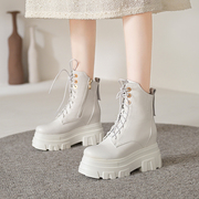 小个子真皮10cm内增高女鞋，厚底短靴侧拉链系带米，白色马丁靴女靴冬
