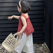 尖子蛋韩系童装2023夏季女童，背心三色系带，棉布无袖吊带衫可爱