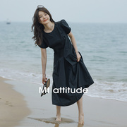 经典小黑裙夏季韩系女主，休闲百搭气质花苞袖短袖棉质连衣裙