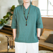 中国风男装亚麻短袖，t恤男夏季薄款斜襟中式汉服，唐装棉麻半袖t恤衫