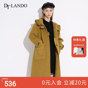 dtlando秋冬大衣女装连帽随性休闲宽松牛角，扣直筒毛呢长外套