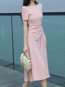 好货温柔风初恋粉色圆领短袖，连衣裙子女夏季法式气质包臀长裙