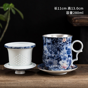 景德镇珐琅彩水杯茶水，分离杯银杯子999纯银内胆，办公茶杯带盖陶瓷