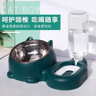 猫碗狗碗自动饮水双碗加高倾斜护颈双碗猫食盆猫咪饭盆可爱猫碗猫