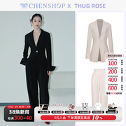 THUG ROSE时尚黑色绵羊毛衬衣西装高腰阔腿裤CHENSHOP设计师品牌