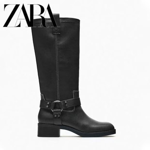 2024冬季ZA女鞋方头粗跟复古机车款搭扣高筒靴休闲时装骑士靴子潮