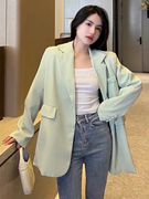 韩国chic秋季气质薄荷绿显白翻领两粒扣设计宽松长袖西装短外套女