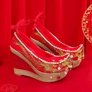 超高跟秀禾婚鞋女春秋内增高汉服，鞋红色坡跟新娘鞋古风中式绣花鞋