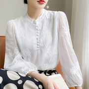真丝刺绣衬衫女中式长袖镂空洋气，上衣立领气质高端薄款桑蚕丝衬衣