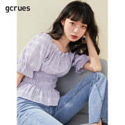gcrues紫色收腰短袖上衣女，褶皱方领泡泡袖衬衫，甜美气质小衫短袖