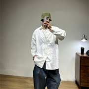 韩版设计排扣圆下摆宽松长袖白色衬衫男美式休闲潮牌纯色扩版衬衣